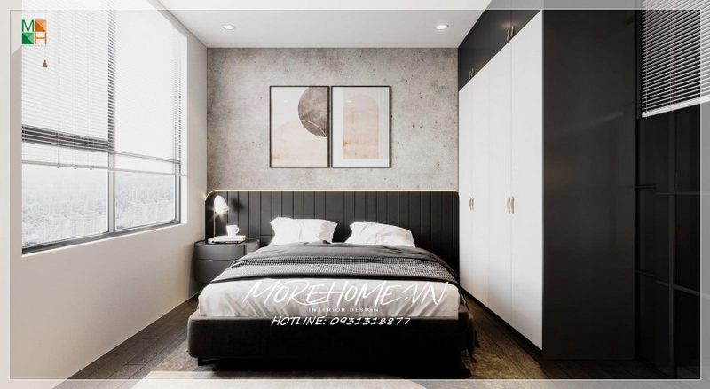 Trực diện căn phòng được treo tranh canvas đơn giản đầy tinh tế. Với đầu giường và xung quanh giường được bọc nỉ sang trọng, hiện đại.